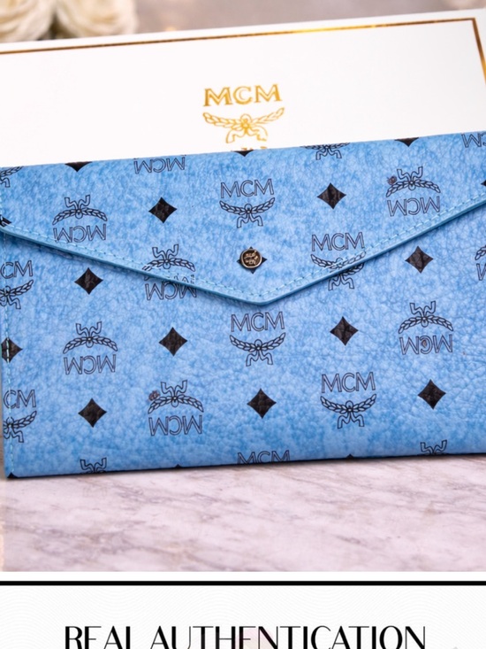 MCM Handbags - MCM Sky Blue Logo Envelope Clutch